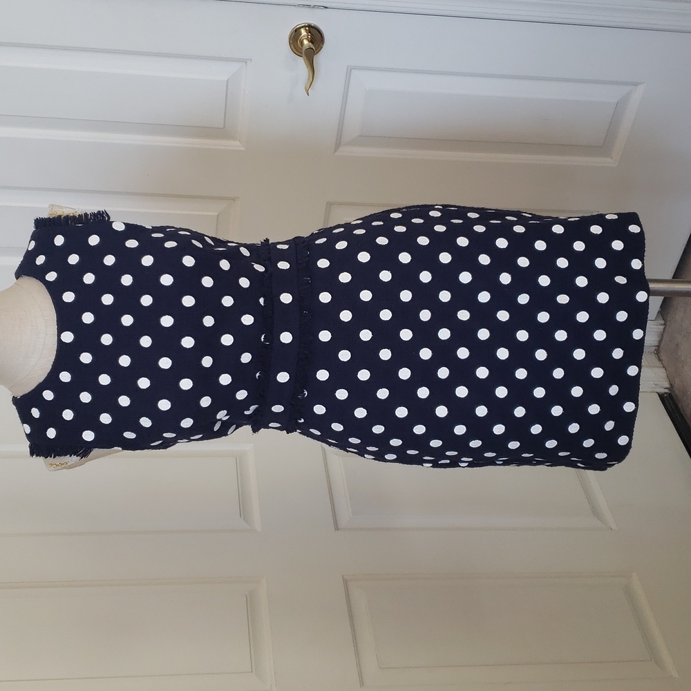 J. Crew Navy White Polka Dot Boucle Tweed Sheath Dress Sleeveless Size 6P Petite - Picture 6 of 16